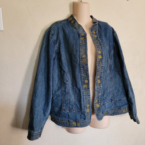 Blue Identity Gold Floral Metallic Open Front Blue Denim Jacket Size Women's 1X - Picture 4 of 11